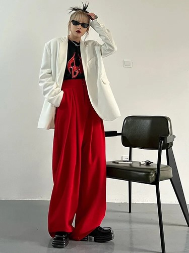 Red Suit Pants for Women Wide Leg Trousers Vintage Streetwear High Waist 10 12 - Picture 5 of 17