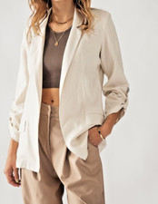 Linen Open Front Blazer, Roll Tab Sleeves in Spring Natural/ Size Medium