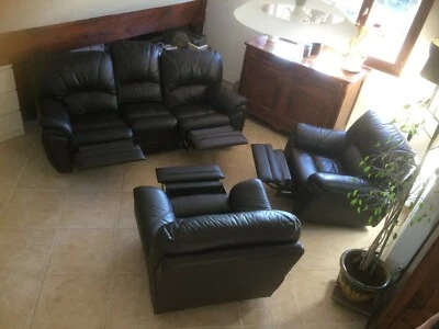 ensemble de salon en cuir marron foncé 1 canapé et 2 fauteuils - Photo 1/4