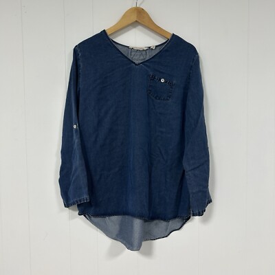 Soft Surroundings Medium Blue Denim Tencil Tunic Top V-Neck Roll Tab Sleeves