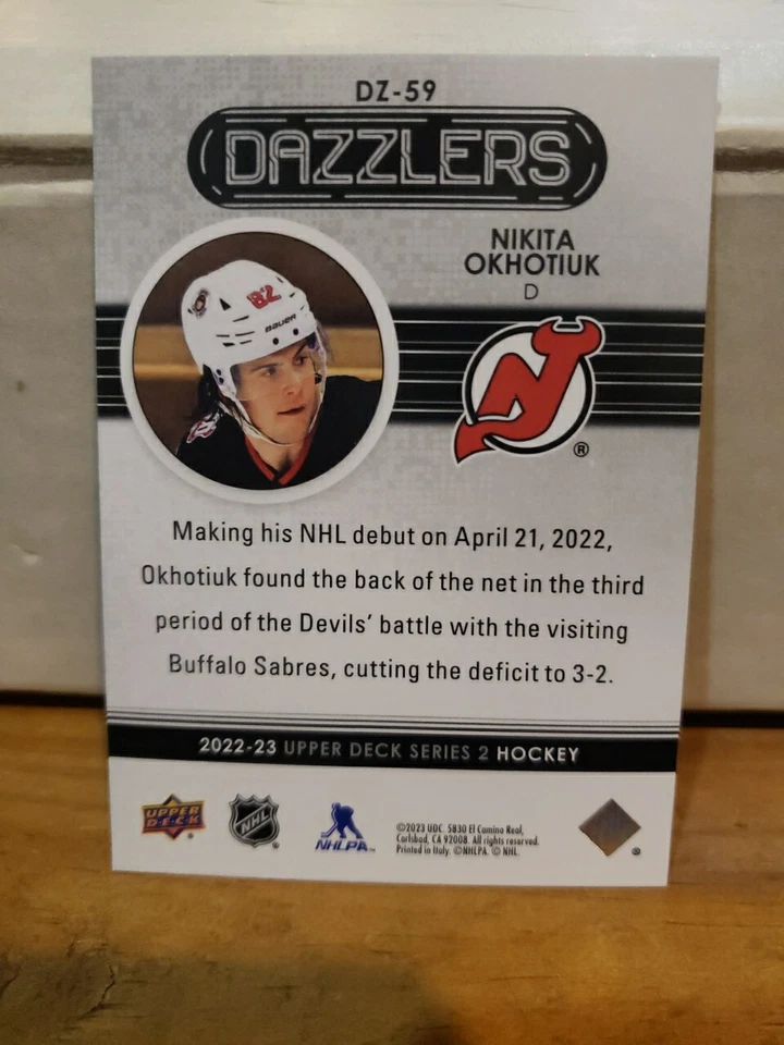 Nikita Okhotiuk 2022-2023 Upper Deck Series 2#DZ-59 Green Dazzles N.J. Devils - Image 2 of 2