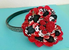 Handmade Little Girl's Headband in Red Paw Print Theme w/ Red  Black Flowers