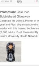 COLE IRVIN GAME OF THRONES BOBBLEHEAD SGA 5-7-19 IRON PIGS
