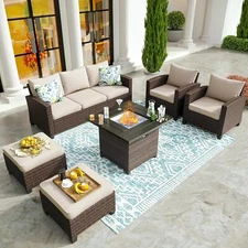 7Seat Wicker Patio Furniture Set with Fire Pit Table Sofa Chair Conversation Set