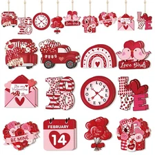 Valentine's Day Decoration for The Home 24 Pieces, Red Wooden Cutouts Heart O...