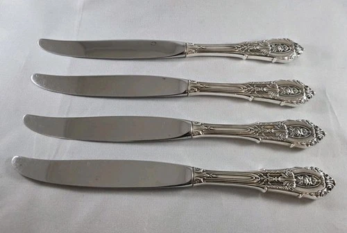 4 WALLACE ROSE POINT STERLING  True Dinner Knives 9 3/4" long, Stainless Blades