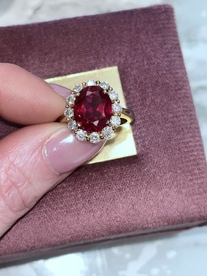 Gelbgold Lab Created Rubin Oval Diamant Heiligenschein Cocktail Ring