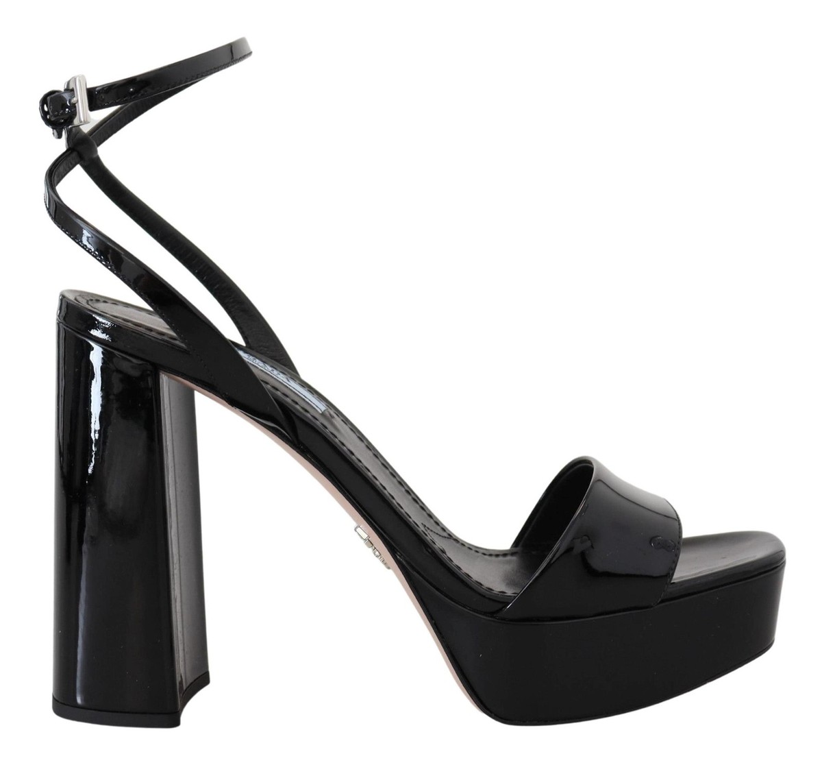 PRADA Women Black Sandals Patent Leather Solid Ankle Strap