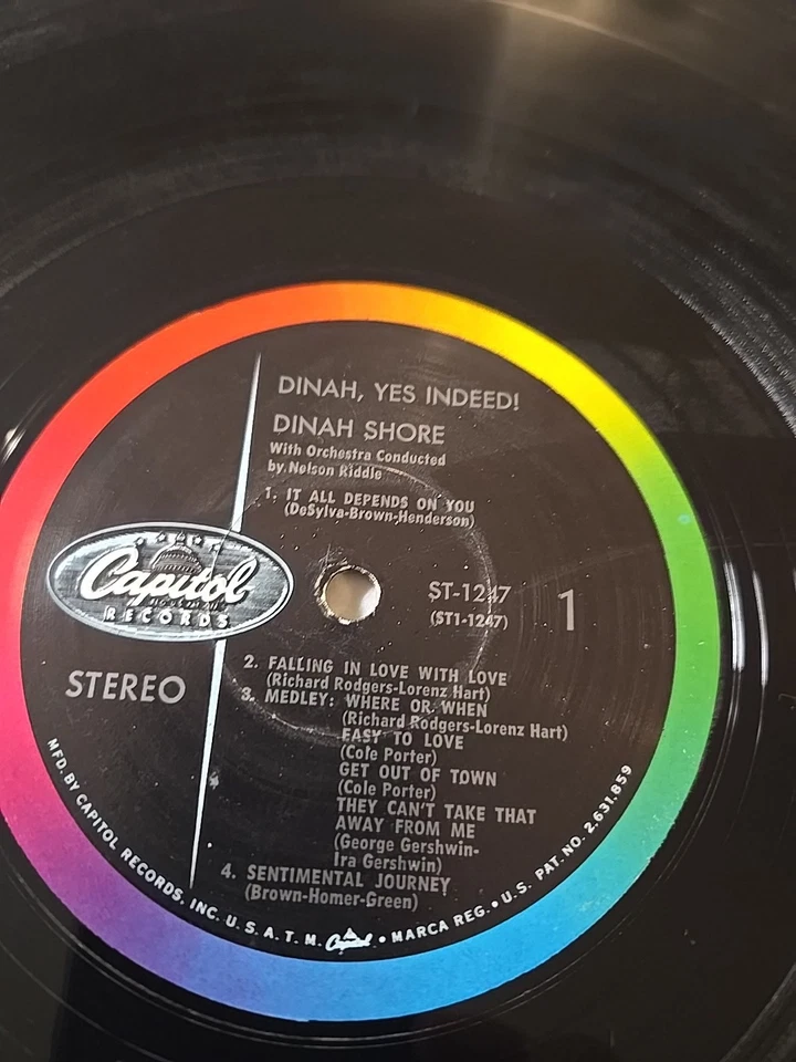 Dinah Shore Dinah, Yes Indeed! 33 RPM Vinyl LP  Capitol  1959 ST-1247  - Image 4 of 4