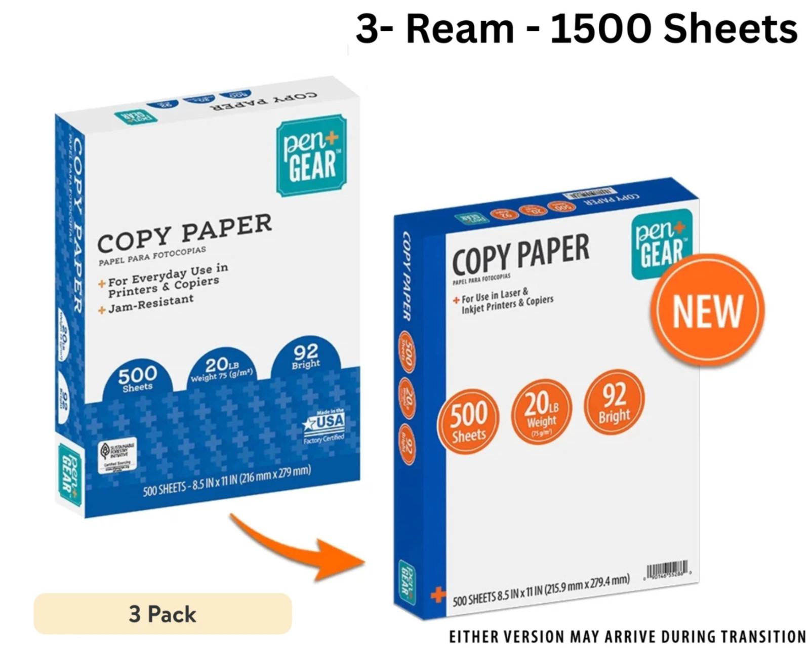 1500 Sheets - Copy Paper, 8.5" x 11", 92 Bright, 20 lb., 3 Reams Free Shipping