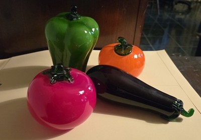 Vtg. Murano Style Hand Blown Glass Orange, Tomato, Purple Eggplant &Bell Pepper