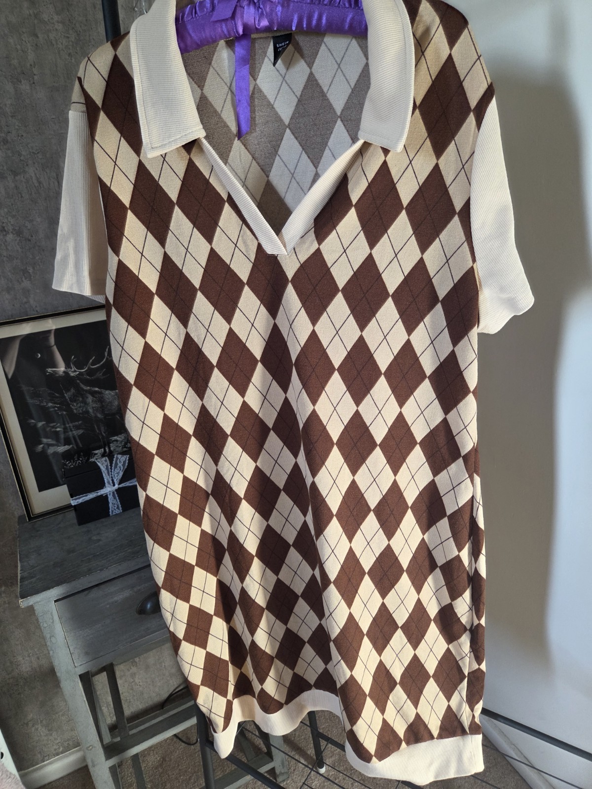 Stunning Vintage Retro Argyle Polo Top Mini Dress Brown Cream Short Sleeved 4XL