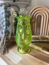 Beautiful Vaseline Viking Owl Fairly Lamp UV Glow Uranium Glass