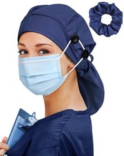 Large Satin Lined Scrub Cap Women Long Hair Nurse Bonnet 4 Buttons Hat