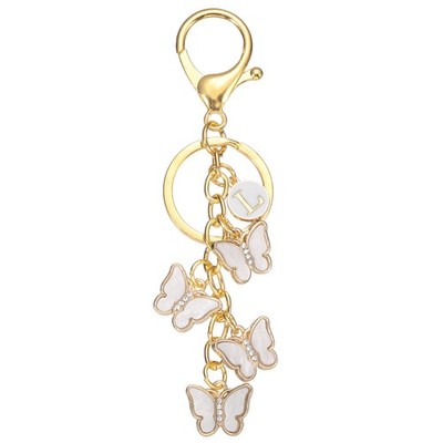 Butterfly Initial Keychain, Metal Charm L White for Bag