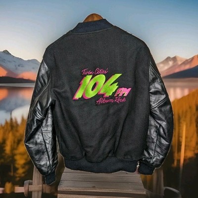 Vintage 80s Butwin Wool Leather Varsity Jacket Rockabilly Record Radio Medium Lg