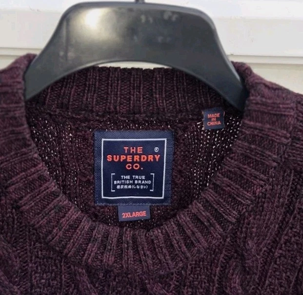 Mens XXL 2XL Superdry Burgundy / Claret Cable Knit Jumper. Good Clean Condition. - Image 2 of 3