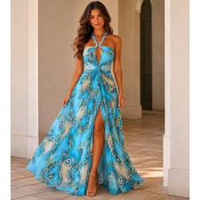 NWT Lafee Jasmine FORMAL PARTY Halter Sequin Blue Paisley Dress SZ 12 TROPICAL