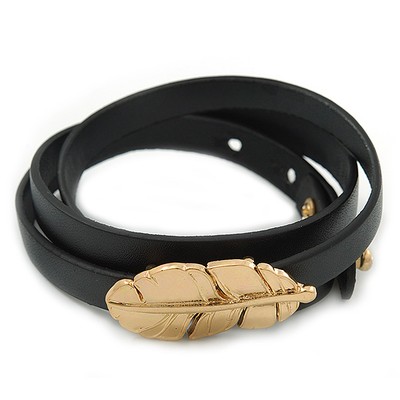 Schwarzes Leder Feder Wickelarmband (goldfarben) - verstellbar - Einheitsgröße