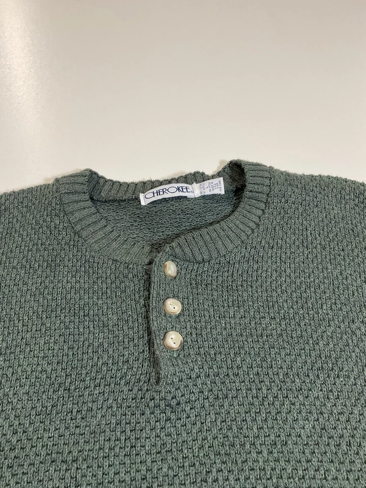 Vintage Cherokee Henley Sweater Sz L Dark Green Fisherman Made In USA Dad 90s - Image 2 of 4