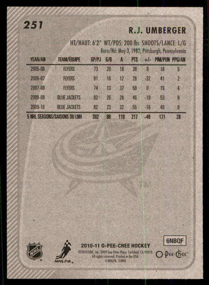 2010-11 O-Pee-Chee R.J. Umberger Columbus Blue Jackets #251 - Image 2 of 2