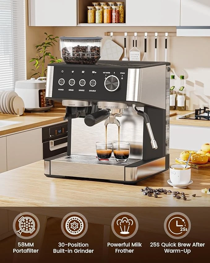 Espresso Machine with Grinder Steam Wand Black