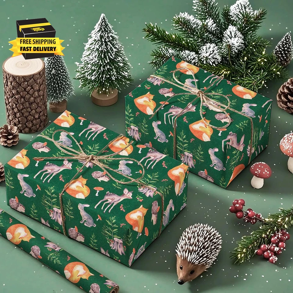 Kraft Woodland Christmas Wrapping Paper - Mini Roll - 17 Inch X 16.5 Feet - Wate - Image 4 of 4