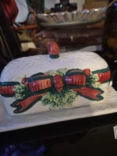 Christopher Radko Holiday Green Trim Covered Butter Dish Made From Cer A mic