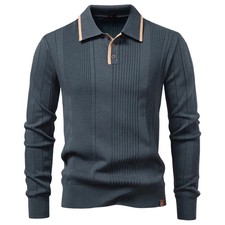 2025 Button Down Knitted Polo Shirts Men Autumn Solid Striped Long Sleeve Polo S