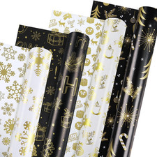 Christmas Wrapping Paper Rolls, 4 Rolls 43Cm X 3M Black and Metallic Gold Xmas W