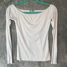 Joah Brown Top Womens S/M White Ribbed Rayon Spandex Fitted Long Sleeve Staple