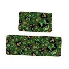 Lucky Green St Patricks Day Kitchen Rugs Set of 2, Shamrock Decor Low-Profile