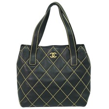 CHANEL CC Wild Stitch Leather Tote Handbag Black Gold
