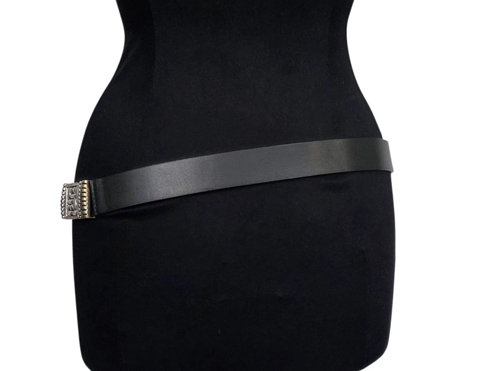 Cinturón Chico’s Cuero Negro Elástico Plata Metal Vintage Talla L Texturizado Años 90 Foto 4 de 4