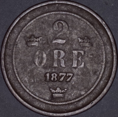 1877 Sweden 2 Öre - Oscar II; Large letters; KM# 746
