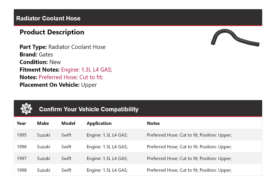 Manguera de refrigerante de radiador de gas 1,3 L L4 1995-1998 para Suzuki Swift puertas superiores 1996 Foto 2 de 4