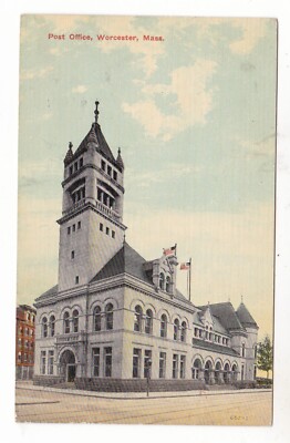 1914 WORCESTER MASSACHUSETTS POST OFFICE FLAG VINTAGE POSTCARD MA READING PENNA
