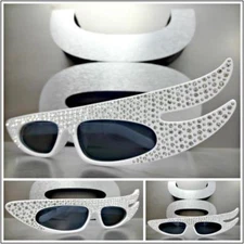 Unique Funky RETRO Style SUNGLASSES White Frame Clear Bling Crystals Rhinestones
