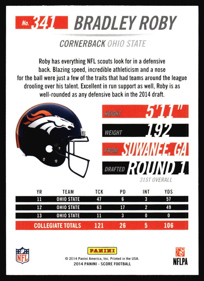 2014 Score Bradley Roby Rookie #341 Denver Broncos - Image 2 of 2