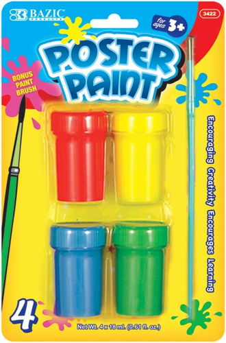 BAZIC 4 Color 4x18ml Poster Paint w/ Brush, Water Washable Red Yellow Blue Green