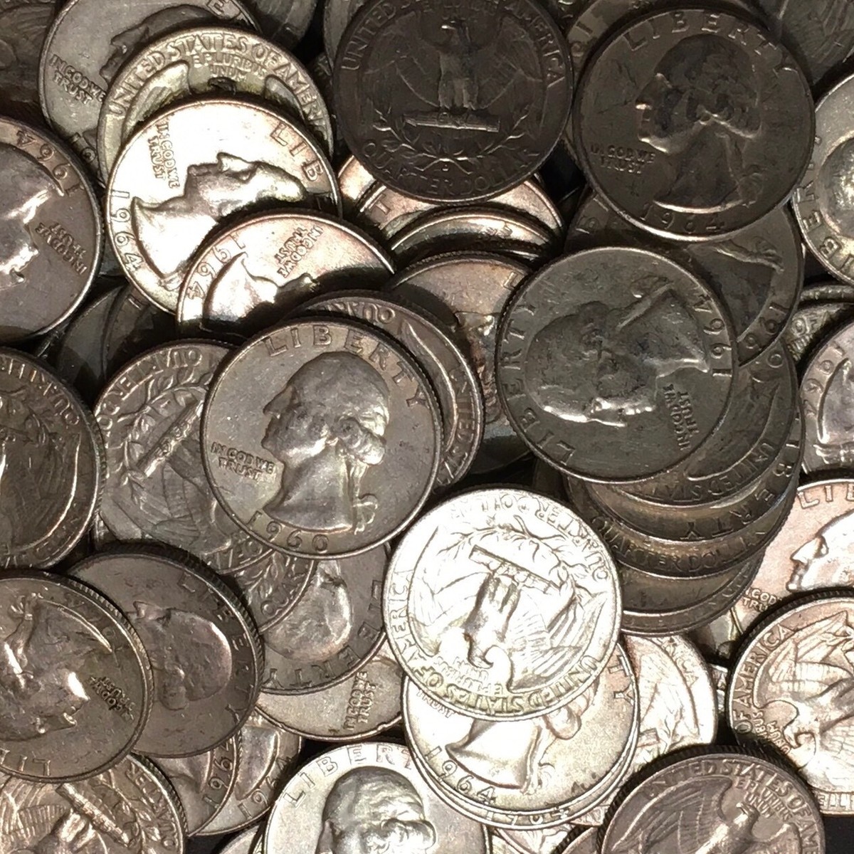 90% SILVER 1964 OR EARLIER WASHINGTON 25 CENTS, AVERAGE