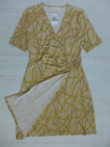 NWT MICHAEL KORS MK Chain Print Short Sleeve Faux Wrap Dress Size L in Khaki - Picture 11 of 14