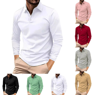 Men's Long Sleeve Golf Shirt Casual Lapel Solid Color T-Shirts Button Up  Tops UK
