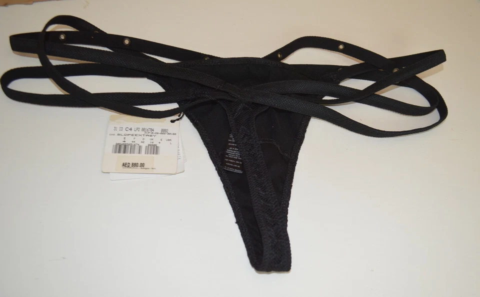 LA PERLA Black Label Denim Straps & Lace String Thong Briefs Panty 4 L New $300 - Image 3 of 4