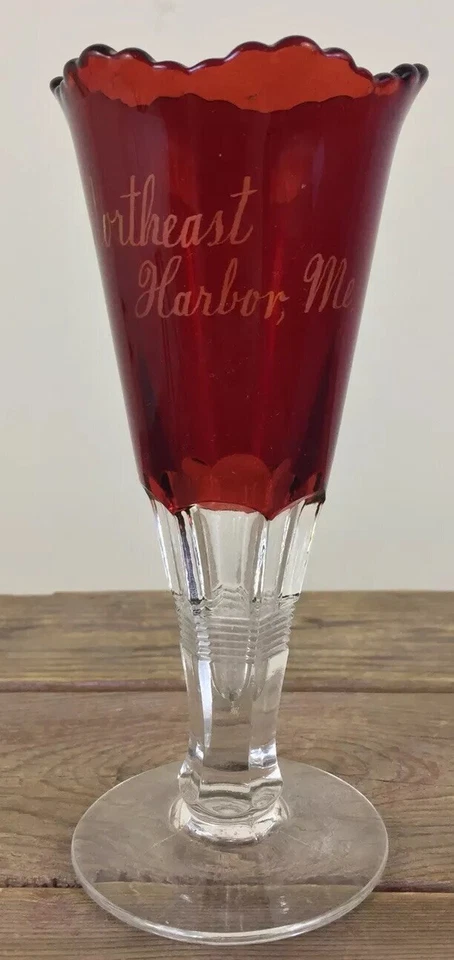 Antique Northeast Harbor Maine Souvenir EAPG Ruby Red Flashed Glass Vase 6.25” - Image 2 of 4