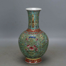 9.96" Chinese Green Famille Rose Porcelain Qing Qianlong Flowers Peach Vase