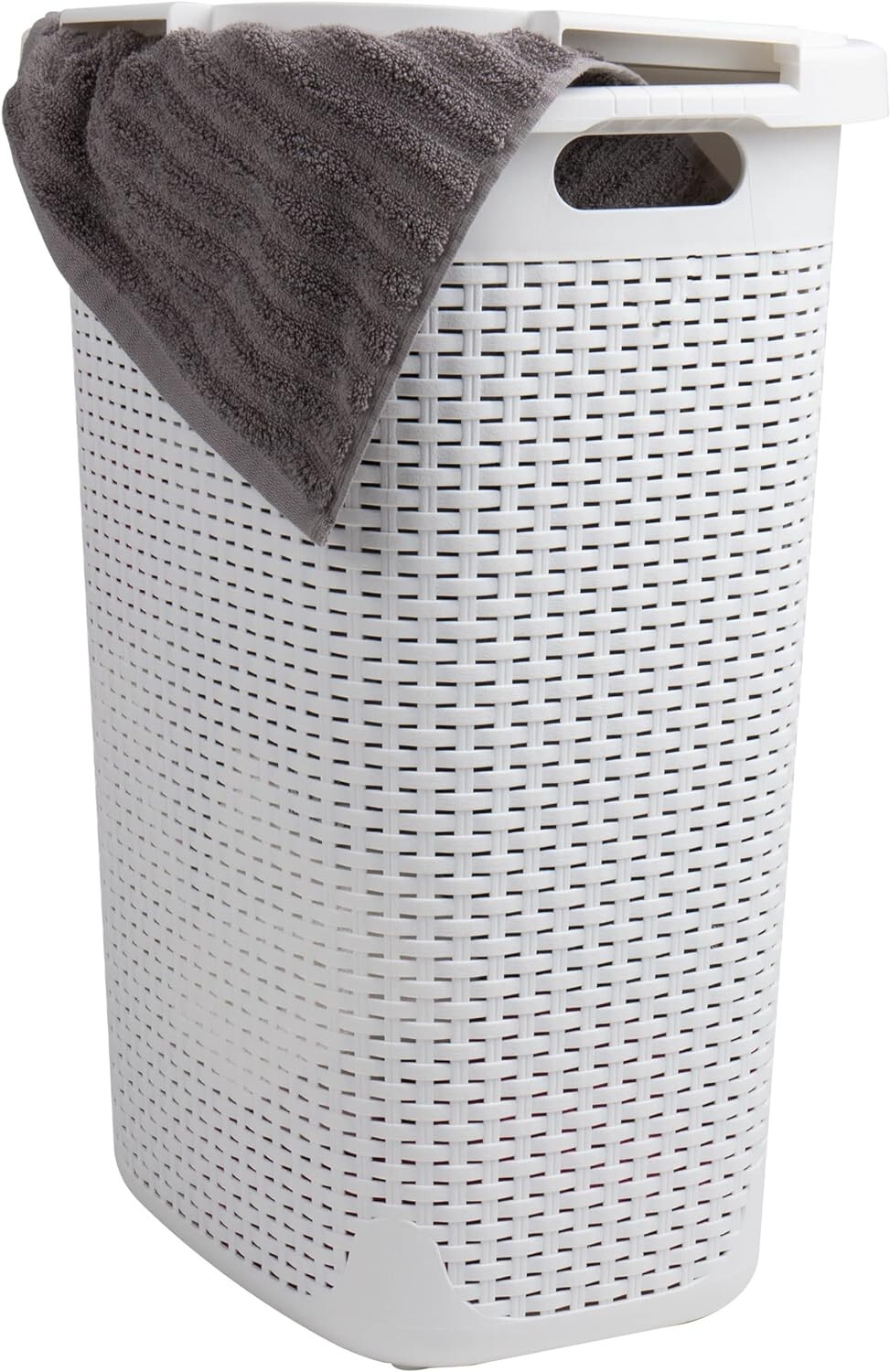 Slim Laundry Hamper Clothes Basket Lid Wicker Design Plastic White-image