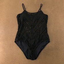 Women's Size Large Black Lace Panel One Piece Swimsuit NWT