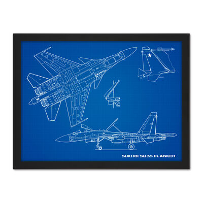 Sukhoi Su-35 Flanker-E Air Defence Fighter Blueprint Framed Wall Art Print 18X24