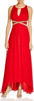 Laundry ~ Red Chiffon Beaded Waist Ruched Keyhole Hi-Low Formal Gown 2 NEW $395